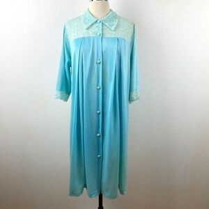 Vintage Henson Kickernick Robe Womens XLarge Aqua Blue Nylon Lace Lounge Dress